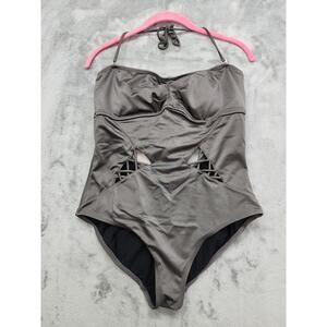 Apostrophe Criss Cross Cutout Tie Back One Piece Swimsuit Size L Silver Gray‎